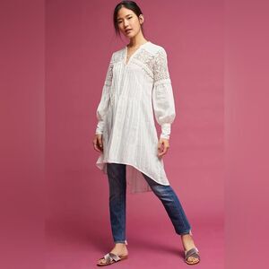 FEATHER BONE by‎ ANTHROPOLOGIE Lucille Pintucked Lace Tunic in Ivory